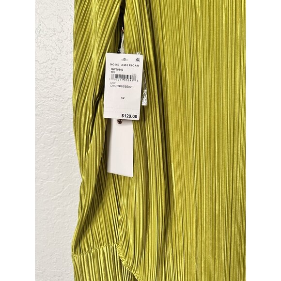 Good American Blouse Shirt Women's Green Kiwi Pleated Long Sleeve Size 1/2 NWT - Picture 6 of 10
